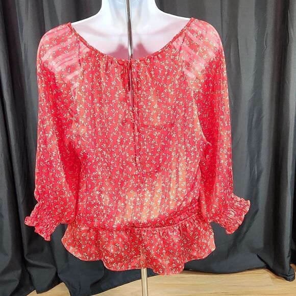 🔹️Lush Red Floral & Metallic Gold Print Blouse Small - Picture 2 of 14